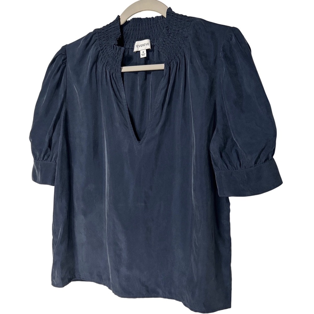 Evereve Navy Blue Cupro Blend Smocked V-Neck Puff Sleeve Blouse Top Mens Medium‎